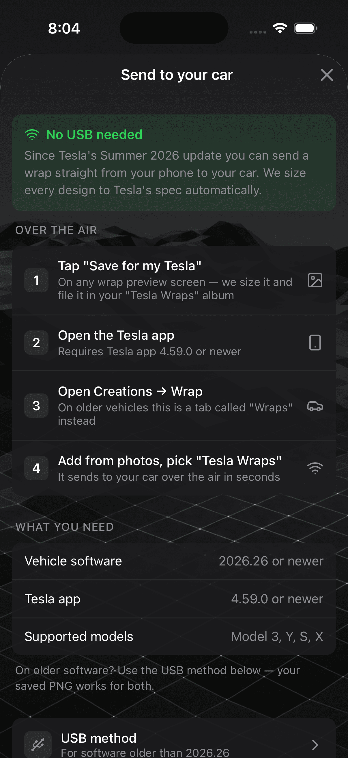 The app's send-to-car guide: four over-the-air steps, and the requirements for each.